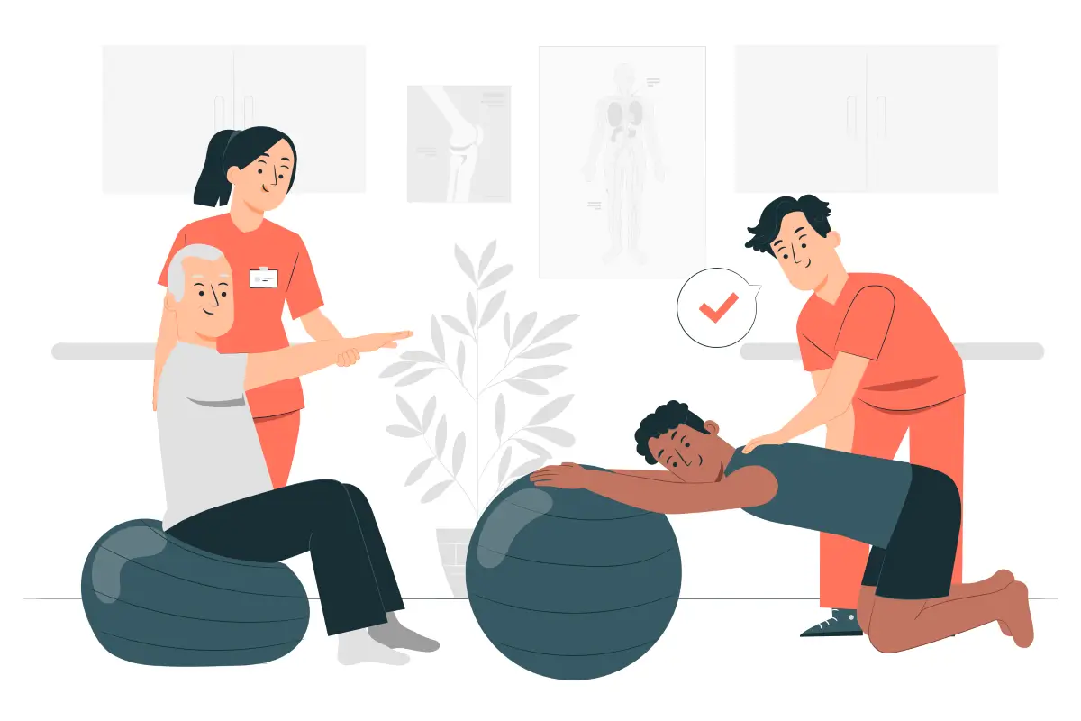 Illustration einer physiotherapeutischen Übungssitzung mit einem älteren Mann auf einem Gymnastikball, einem Patienten in Bauchlage auf einem Ball und zwei Therapeuten, die sie unterstützen. Darstellung von Reha-Maßnahmen.