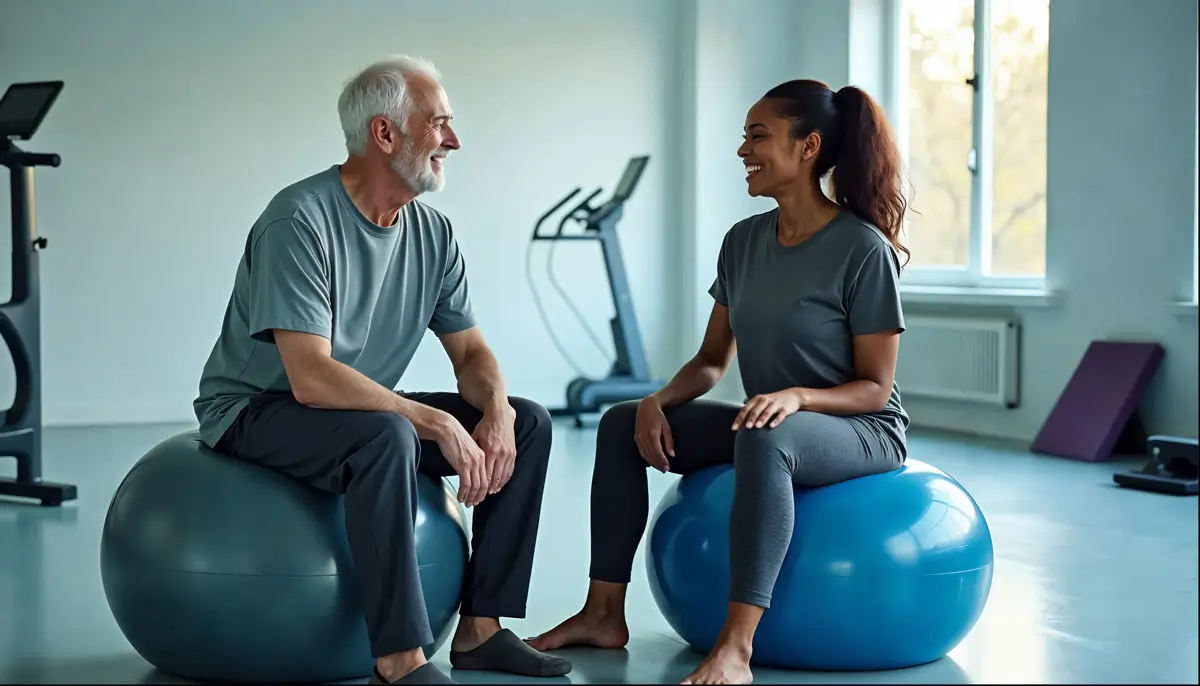 Ein älterer Mann und eine jüngere Frau sitzen auf Gymnastikbällen und unterhalten sich in einer freundlichen Atmosphäre in einem Fitnessstudio. Im Hintergrund sind Fitnessgeräte und große Fenster zu sehen, die viel Tageslicht einlassen. Die Szene strahlt Motivation, Gesundheit und zwischenmenschliche Verbindung aus.