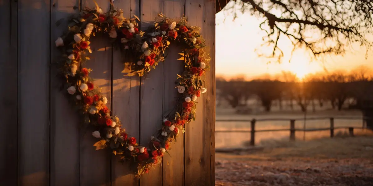 Ein herzförmiger Blumenkranz mit roten und weißen Blüten hängt an einer Holzwand. Im Hintergrund ist eine idyllische Landschaft mit einem Sonnenuntergang zu sehen, der die Szene in warmes, goldenes Licht taucht. Die Atmosphäre vermittelt Romantik und Naturverbundenheit.