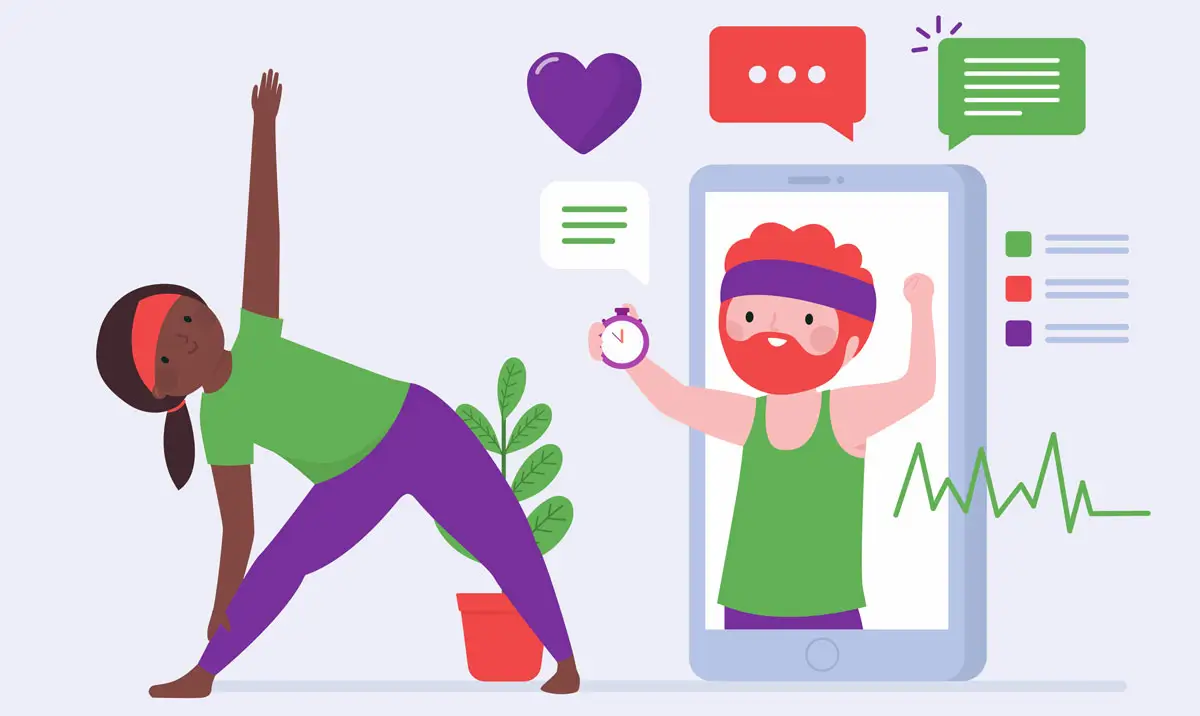 Illustration einer Frau, die eine Yoga-Übung macht, während ein virtueller Trainer in Sportkleidung auf dem Bildschirm eines Smartphones Anweisungen gibt. Umgeben von Chat-Symbolen und Gesundheitsgrafiken.