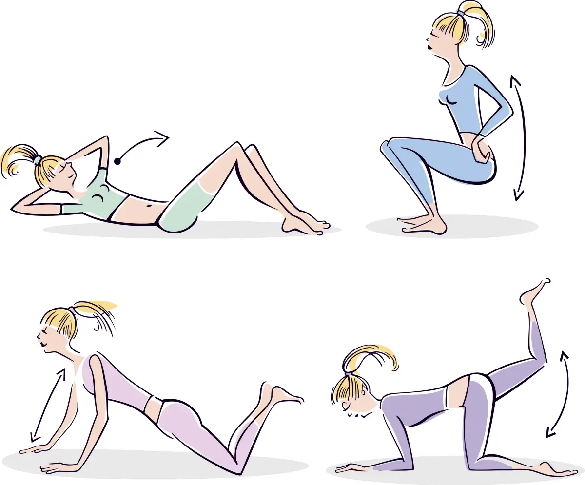 Illustration einer Frau, die vier verschiedene Fitnessübungen durchführt: Crunches, Kniebeugen, Liegestütze auf den Knien und Beinheben auf allen Vieren.