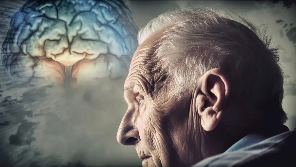 Ein älterer Mann mit nachdenklichem Blick schaut zur Seite. Im Hintergrund erscheint eine künstlerische Darstellung eines Gehirns, das leuchtet, was auf das Thema Demenz oder Alzheimer hinweisen könnte.