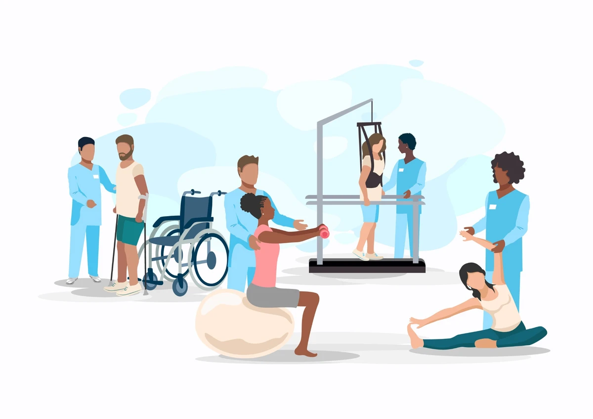 Eine digitale Illustration zeigt verschiedene Reha-Maßnahmen, darunter Physiotherapie, Bewegungstraining und Betreuung durch Fachkräfte.