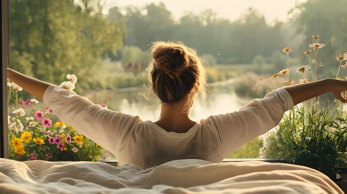 Eine Frau streckt sich morgens entspannt im Bett vor einem offenen Fenster mit Blick auf eine grüne, blühende Natur.