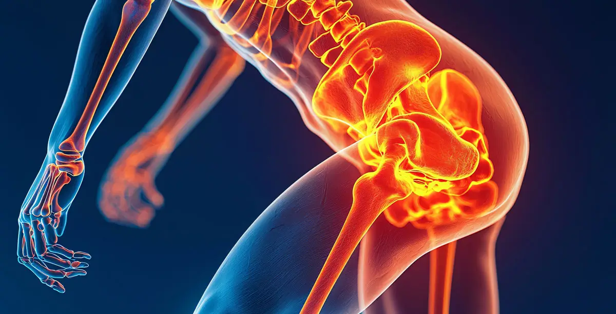 3D-medizinische Illustration eines menschlichen Hüftgelenks mit hervorgehobenen Schmerzbereichen. Die leuchtend orangefarbene Darstellung zeigt Entzündungen oder Belastungen im Hüftbereich.