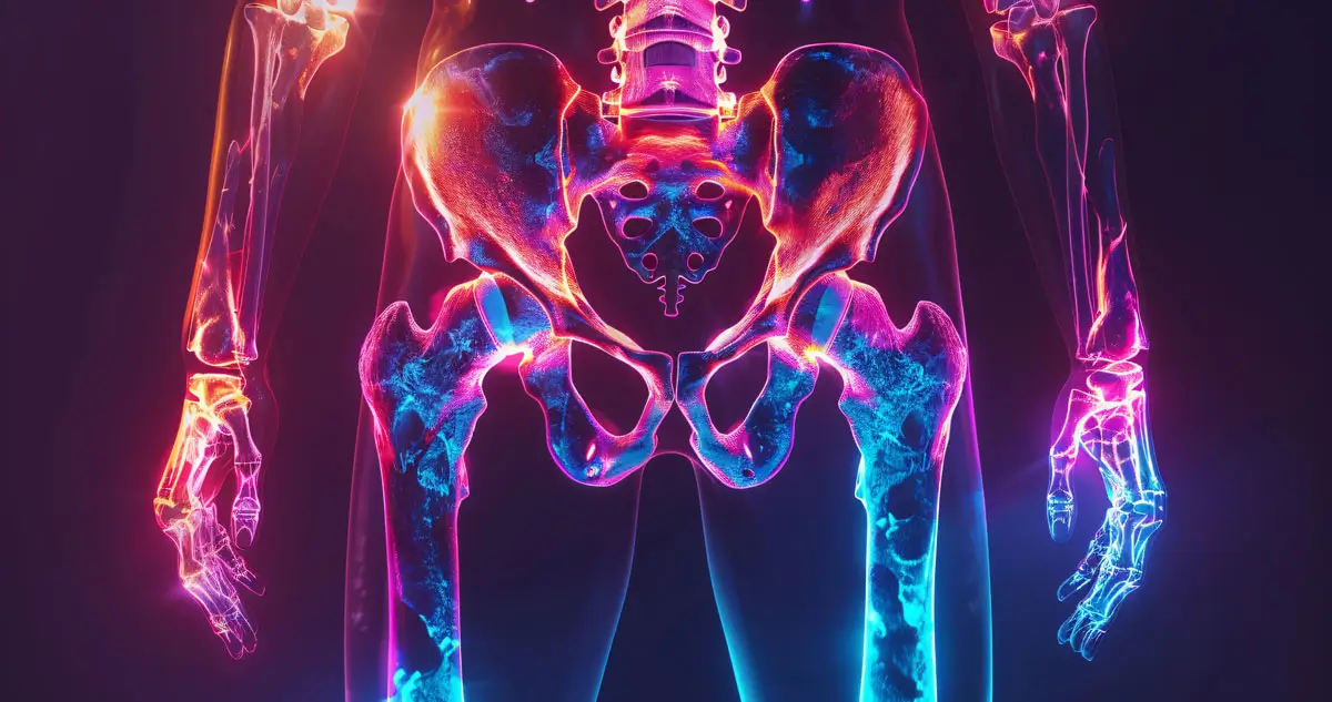 Digitale Röntgenaufnahme eines menschlichen Beckens und Skeletts in leuchtenden Neonfarben, die Knochenstrukturen visuell hervorheben.